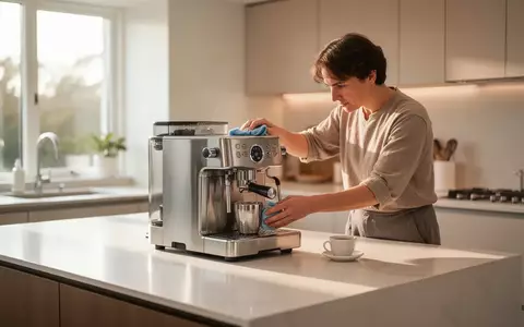 Eine Person reinigt sorgfältig ein Bauteil eines Kaffeevollautomaten in einer modernen, aufgeräumten Küche. - Foto: über boerse-global.de