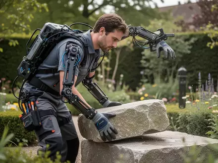 Gärtner trägt ein passives Rücken-Exoskelett bei der Arbeit mit schweren Steinblöcken im Gartenbau. - Foto: über boerse-global.de