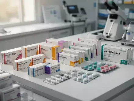 Nahaufnahme von Medikamentenpackungen und Blisterstreifen auf einer sauberen Apothekentheke bei natürlichem Licht. - Foto: über boerse-global.de