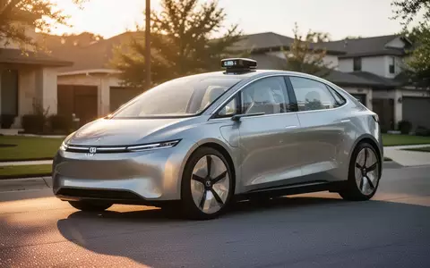 Ein futuristisches, autonomes Cybercab von Tesla parkt an einer sonnigen Straße in Austin. - Foto: über boerse-global.de