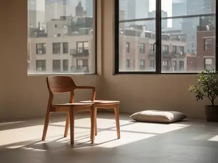 Ein minimalistischer, lichtdurchfluteter Meditationsraum mit einem Holzhocker und einem Sitzkissen in einer urbanen Umgebung. - Foto: über boerse-global.de