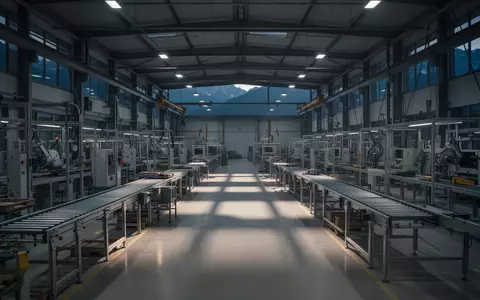 Leere, stille Fertigungshallen in einer modernen Fabrik vor einer alpinen Kulisse bei Dämmerung. - Foto: über boerse-global.de