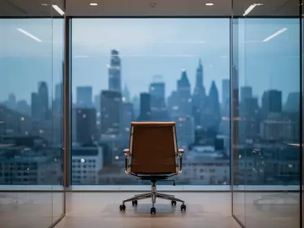 Ein leerer Chefsessel in einem modernen Büro vor einer nächtlichen Skyline, symbolisierend die Unsicherheit von Führungskräften. - Foto: über boerse-global.de