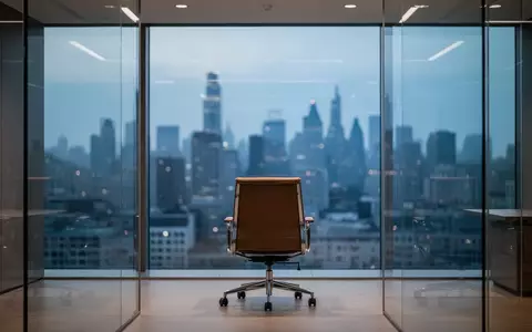 Ein leerer Chefsessel in einem modernen Büro vor einer nächtlichen Skyline, symbolisierend die Unsicherheit von Führungskräften. - Foto: über boerse-global.de