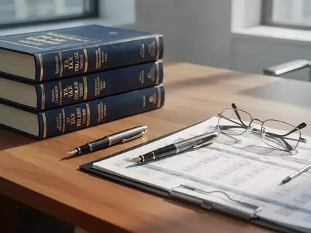 Fachbücher zum Steuerrecht und ein Taschenrechner liegen auf einem Schreibtisch in einem hellen Büro. - Foto: über boerse-global.de