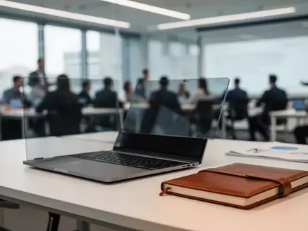 Moderner Büroarbeitsplatz mit Laptop und Notizbuch in einem professionellen Ausbildungsumfeld. - Foto: über boerse-global.de