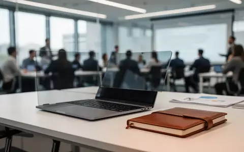 Moderner Büroarbeitsplatz mit Laptop und Notizbuch in einem professionellen Ausbildungsumfeld. - Foto: über boerse-global.de