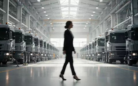 Eine Managerin geht durch eine moderne Produktionshalle eines Fahrzeugherstellers mit Lastwagen im Hintergrund. - Foto: über boerse-global.de