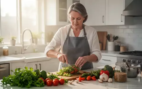 Eine Person mittleren Alters bereitet in einer hellen Küche eine gesunde Mahlzeit mit frischem Gemüse zu. - Foto: über boerse-global.de