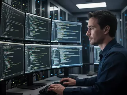 Ein IT-Spezialist in einem modernen Serverraum konzentriert sich auf komplexe Code-Anzeigen auf mehreren Monitoren. - Foto: über boerse-global.de
