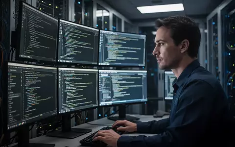 Ein IT-Spezialist in einem modernen Serverraum konzentriert sich auf komplexe Code-Anzeigen auf mehreren Monitoren. - Foto: über boerse-global.de