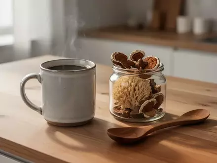 Eine Tasse Kaffee auf einem Holztisch, daneben liegen getrocknete Heilpilze wie Löwenmähne und Reishi. - Foto: über boerse-global.de