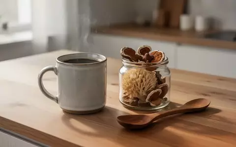 Eine Tasse Kaffee auf einem Holztisch, daneben liegen getrocknete Heilpilze wie Löwenmähne und Reishi. - Foto: über boerse-global.de