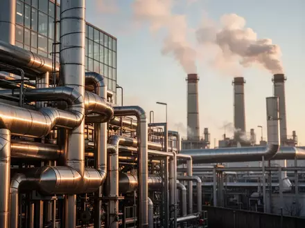 Moderne Industrieanlagen vor einem klaren Himmel bei Sonnenuntergang als Symbol für Investitionen in klimafreundliche Technik. - Foto: über boerse-global.de