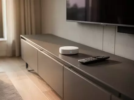 Ein minimalistisches Wohnzimmer mit einem modernen Smart-Home-Hub und einer Fernbedienung auf einer Anrichte. - Foto: über boerse-global.de
