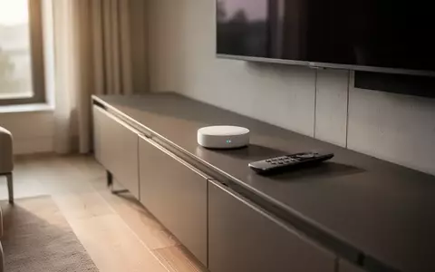 Ein minimalistisches Wohnzimmer mit einem modernen Smart-Home-Hub und einer Fernbedienung auf einer Anrichte. - Foto: über boerse-global.de