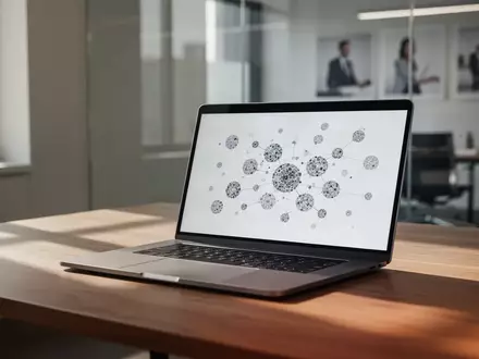 Ein minimalistischer, moderner Arbeitsplatz mit einem Laptop, der abstrakte Datenstrukturen zeigt, in einem hellen Büro. - Foto: über boerse-global.de