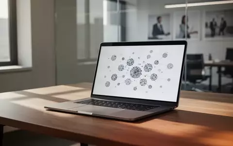Ein minimalistischer, moderner Arbeitsplatz mit einem Laptop, der abstrakte Datenstrukturen zeigt, in einem hellen Büro. - Foto: über boerse-global.de