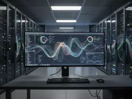 Ein moderner Serverraum mit leuchtenden Rechenzentren und einem Arbeitsplatz, an dem komplexe Datenströme verarbeitet werden. - Foto: über boerse-global.de
