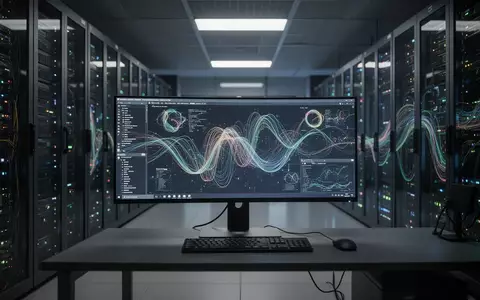 Ein moderner Serverraum mit leuchtenden Rechenzentren und einem Arbeitsplatz, an dem komplexe Datenströme verarbeitet werden. - Foto: über boerse-global.de