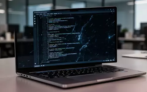 Nahaufnahme eines modernen Laptops in einem abgedunkelten Büro, auf dessen Bildschirm abstrakter Programmcode zu sehen ist. - Foto: über boerse-global.de