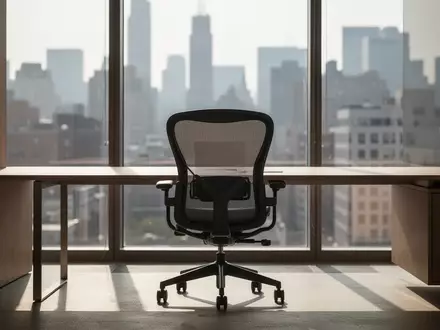 Ein leerer Büroarbeitsplatz mit Blick auf eine städtische Skyline, der eine moderne und professionelle Arbeitsumgebung symbolisiert. - Foto: über boerse-global.de