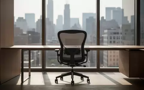 Ein leerer Büroarbeitsplatz mit Blick auf eine städtische Skyline, der eine moderne und professionelle Arbeitsumgebung symbolisiert. - Foto: über boerse-global.de