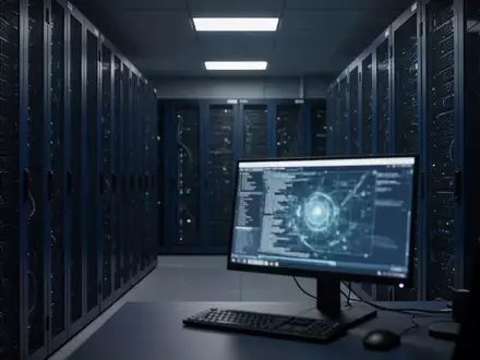 Ein modern beleuchteter Serverraum mit dunklen Schaltschränken und einem Arbeitsplatz, der auf einen Cyberangriff hindeutet. - Foto: über boerse-global.de