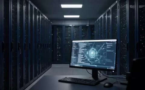 Ein modern beleuchteter Serverraum mit dunklen Schaltschränken und einem Arbeitsplatz, der auf einen Cyberangriff hindeutet. - Foto: über boerse-global.de