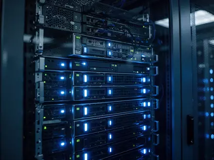 Nahaufnahme von beleuchteten Server-Racks in einem modernen Rechenzentrum, die eine technologische Sicherheitsumgebung symbolisieren. - Foto: über boerse-global.de