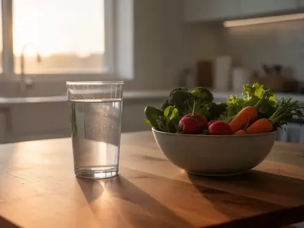 Ein Glas Wasser und frisches Gemüse auf einem Holztisch in einer sonnendurchfluteten Küche als Symbol für gesundes Fasten. - Foto: über boerse-global.de