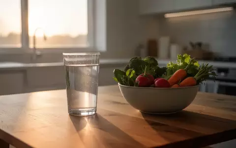 Ein Glas Wasser und frisches Gemüse auf einem Holztisch in einer sonnendurchfluteten Küche als Symbol für gesundes Fasten. - Foto: über boerse-global.de