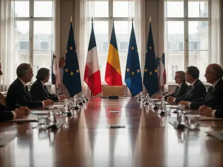 Europäische Diplomaten bei einer Konferenz im Hintergrund, Fokus auf die Atmosphäre eines politischen Entscheidungsprozesses. - Foto: über boerse-global.de