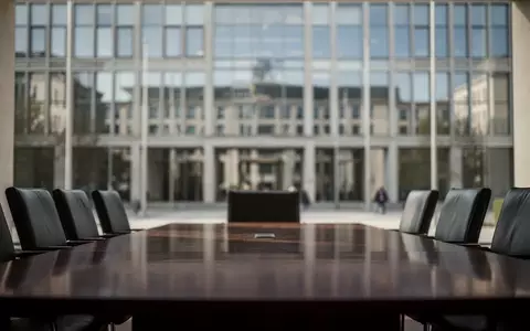 Ein Konferenztisch in einem modernen Regierungsgebäude mit Blick auf eine verschwommene Fassade im Hintergrund. - Foto: über boerse-global.de