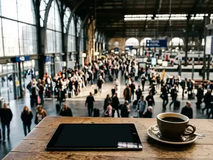 Ein moderner Reisebahnhof mit Reisenden im Hintergrund und ein Tablet auf einem Tisch im Vordergrund. - Foto: über boerse-global.de