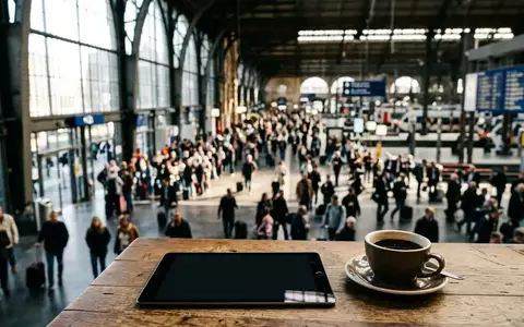 Ein moderner Reisebahnhof mit Reisenden im Hintergrund und ein Tablet auf einem Tisch im Vordergrund. - Foto: über boerse-global.de