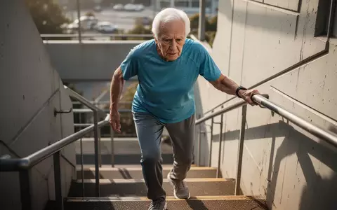Eine ältere Person in Sportkleidung steigt konzentriert eine Treppe hinauf, um sich im Alltag körperlich zu betätigen. - Foto: über boerse-global.de
