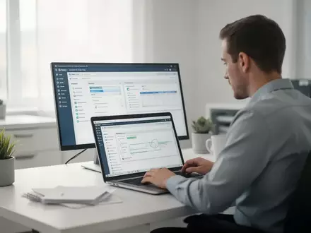 Ein IT-Administrator arbeitet an einem Laptop in einem modernen Büro, während er Systemkonfigurationen für die Cloud-Infrastruktur vornimmt. - Foto: über boerse-global.de