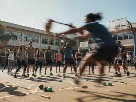 Menschen bei einer sportlichen Mitmachaktion im Freien auf einem Schulhof. - Foto: über boerse-global.de