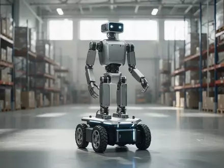 Ein humanoider Roboter mit Radantrieb steht in einer modernen Fabrikhalle und ist für industrielle Automatisierungsaufgaben bereit. - Foto: über boerse-global.de