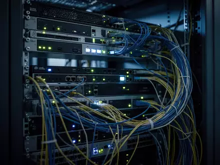 Ein dunkler Serverraum mit blinkenden Netzwerkhardware-Komponenten in einem professionellen Rechenzentrum. - Foto: über boerse-global.de