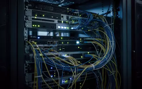 Ein dunkler Serverraum mit blinkenden Netzwerkhardware-Komponenten in einem professionellen Rechenzentrum. - Foto: über boerse-global.de