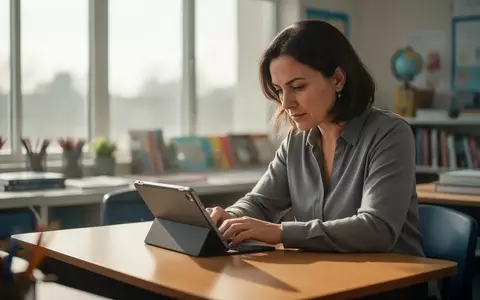 Eine Lehrkraft arbeitet konzentriert an einem Tablet an einem Schreibtisch in einem hellen Klassenzimmer. - Foto: über boerse-global.de