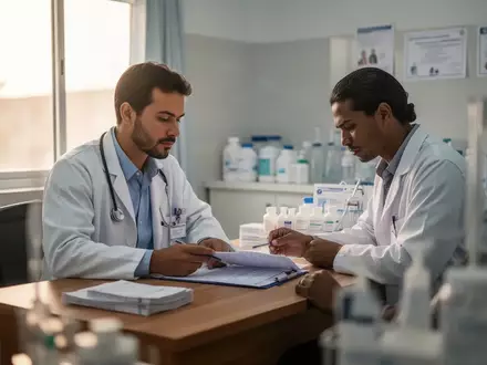Ein Arzt in einer modernen medizinischen Einrichtung in einer Entwicklungsregion bei der Durchsicht von Patientenunterlagen. - Foto: über boerse-global.de
