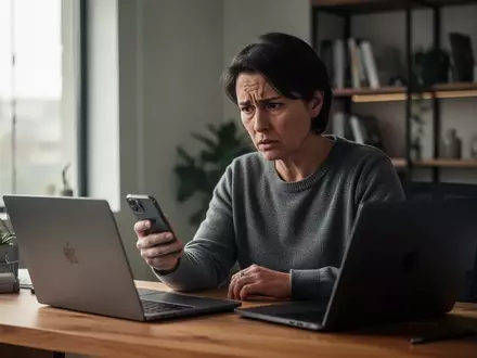 Eine besorgte Person sitzt an einem Schreibtisch vor einem Laptop und hält ein Smartphone in der Hand. - Foto: über boerse-global.de
