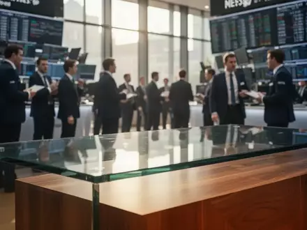 Börsenparkett mit unscharfen Finanzexperten in einer modernen Frankfurter Büroumgebung bei natürlichem Tageslicht. - Foto: über boerse-global.de