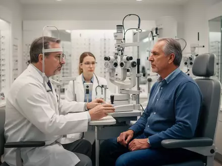 Ein Augenoptiker führt in einem Fachgeschäft einen Sehtest bei einem Berufskraftfahrer durch. - Foto: über boerse-global.de