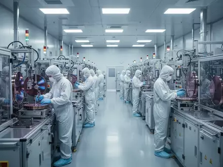 Arbeiter in Schutzanzügen in einem modernen Reinraum eines Halbleiter-Fertigungswerks für Speicherchips. - Foto: über boerse-global.de