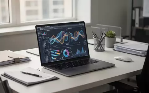Ein sauberer, moderner Schreibtisch mit einem Laptop, auf dem Daten visualisiert werden, in einem hellen Büro. - Foto: über boerse-global.de