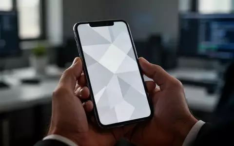 Eine Hand hält ein Smartphone in einem dunklen Büro, wobei das Display nur ein abstraktes Muster ohne Text zeigt. - Foto: über boerse-global.de